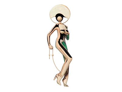 Modern Female Sculpture Carving With Geometric Design Gold Green Elements And Long Stick 3d model