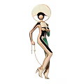 Modern Female Sculpture Carving With Geometric Design Gold Green Elements And Long Stick