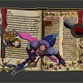 Ancient Open Book Scene Featuring Character And Purple Creature Near Red Roof Tower