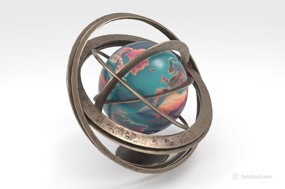 Decorative Globe Model With Metallic Circular Rings And Colorful Terrain 3d model