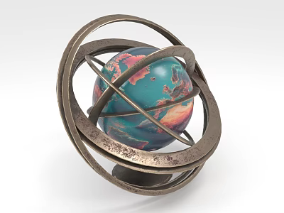Decorative Globe Model With Metallic Circular Rings And Colorful Terrain 3d model