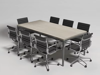 Modern Conference Table With Wooden Top Metal Frame And Black Rolling Office Chairs 3d model