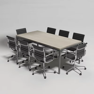 Modern Conference Table With Wooden Top Metal Frame And Black Rolling Office Chairs 3d model