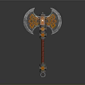 Ornate Battle Axe With Silver Blades Orange Intricate Patterns And Red Wrapped Handle 3d model