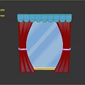 Elegant Blue Striped Curtain Interior With Scalloped Top And Wooden Base