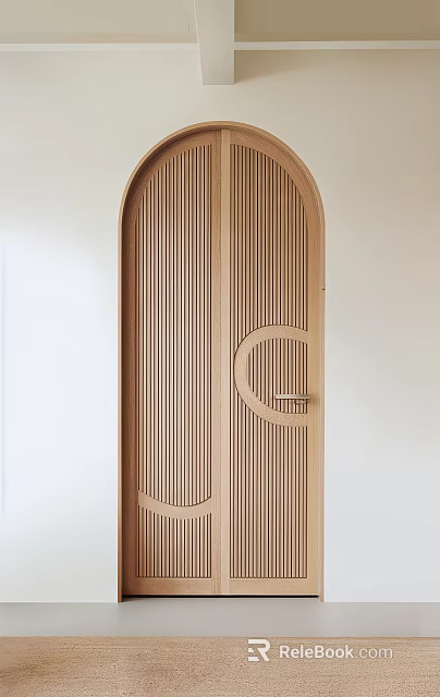 Minimalist Wooden Double Doors With Vertical Slats Circular Detail And Arched Top 3d model 