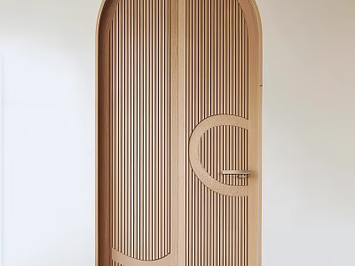 Minimalist Wooden Double Doors With Vertical Slats Circular Detail And Arched Top 3d model