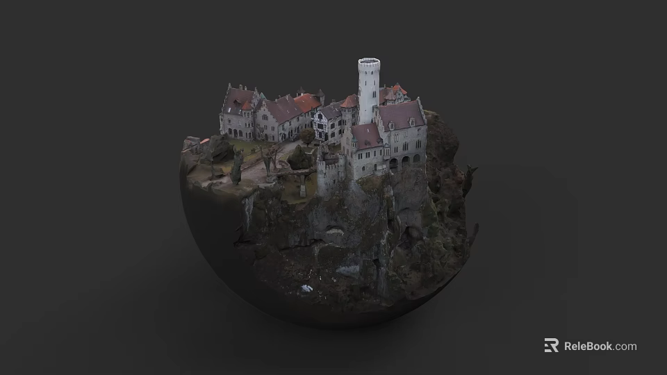 European Architecture Cluster With Red Tiled Roofs Tower And Cliffside Greenery 3d model 