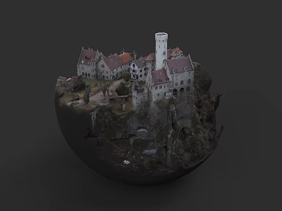 European Architecture Cluster With Red Tiled Roofs Tower And Cliffside Greenery 3d model
