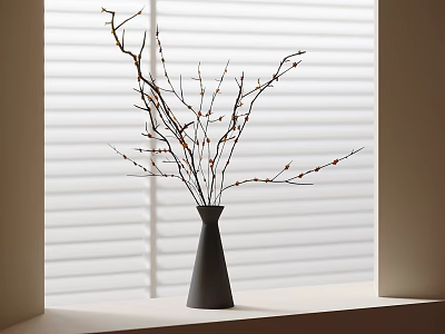 Minimalist Gray Vase With Twig Branches And Small Red Berries On Windowsill Against White Blinds 3d model