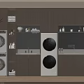 Modern Laundry Room Interior With Stacked Washer Dryer And Wooden Storage Cabinets
