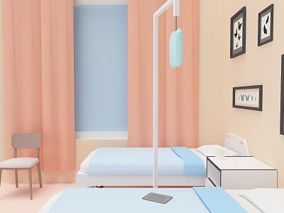 Cartoon Cozy Hospital Room Scenery With Pink Curtains Blue Window Gray Chair And Blue Sheets 3d model