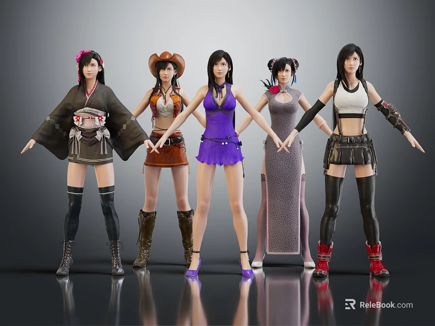 Five Female Characters in Various Outfits Standing with Different Style Costumes and Long Boots 3d model 