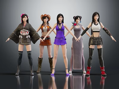 Five Female Characters in Various Outfits Standing with Different Style Costumes and Long Boots 3d model