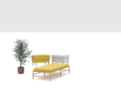 Yellow and Gray Single Sofa with Yellow Bench and Potted Plant 3d model