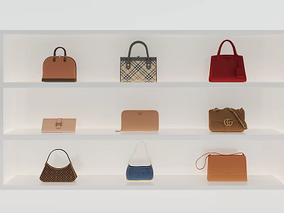 Various Stylish Handbags In Different Colors Displayed On White Shelves 3d model