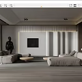 Modern Living Room Interior Design With Beige Sofa TV Sculpture And Curtains