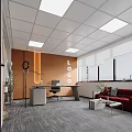 Modern Public Office Space Featuring Work Desk Computer Office Chair Wooden Bookshelf And Ceiling Lights