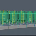 Multiple Green Industrial Cooling Towers Mounted on Steel Platform Structure 3d model