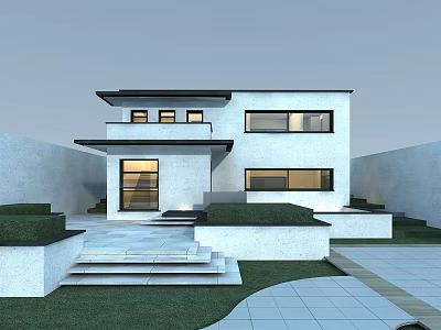Modern Detached House Exterior Design With White Walls Large Windows And Courtyard Steps 3d model