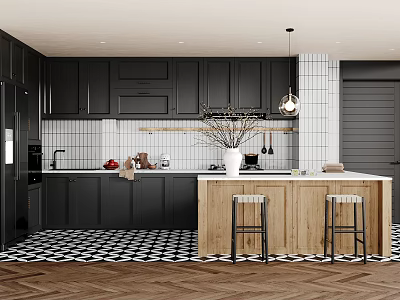Modern Kitchen Interior With Black Cabinets White Tile Backsplash Wooden Island And Stools 3d model