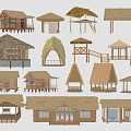 Various Wooden Houses With Different Thatched Roof Designs And Structures