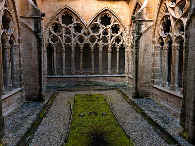 Elegant Gothic Single Family Home Courtyard Featuring Arched Windows And Stone Columns 3d model