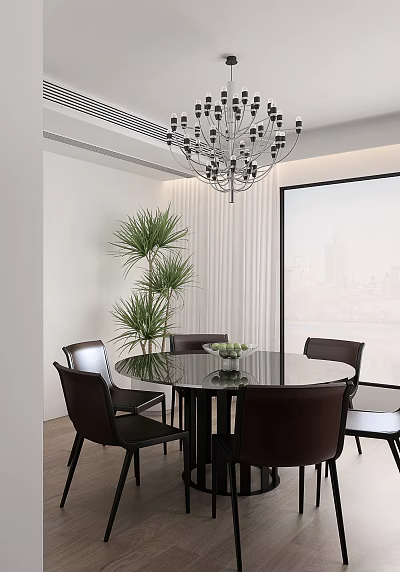 Modern Restaurant Interior Design With Round Glass Dining Table Dark Chairs Large Plant And Chandelier 3d model