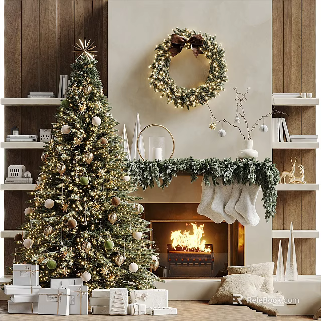 Cozy Christmas Living Room Decor With Tree Fireplace Wreath Stockings And Lit Fire 3d model 