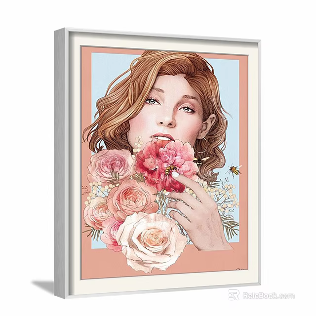 Woman Portrait Painting with Curly Brown Hair Pink White Roses Bee and Light Blue Background 3d model 