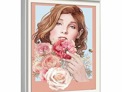 Woman Portrait Painting with Curly Brown Hair Pink White Roses Bee and Light Blue Background 3d model