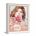 Woman Portrait Painting with Curly Brown Hair Pink White Roses Bee and Light Blue Background