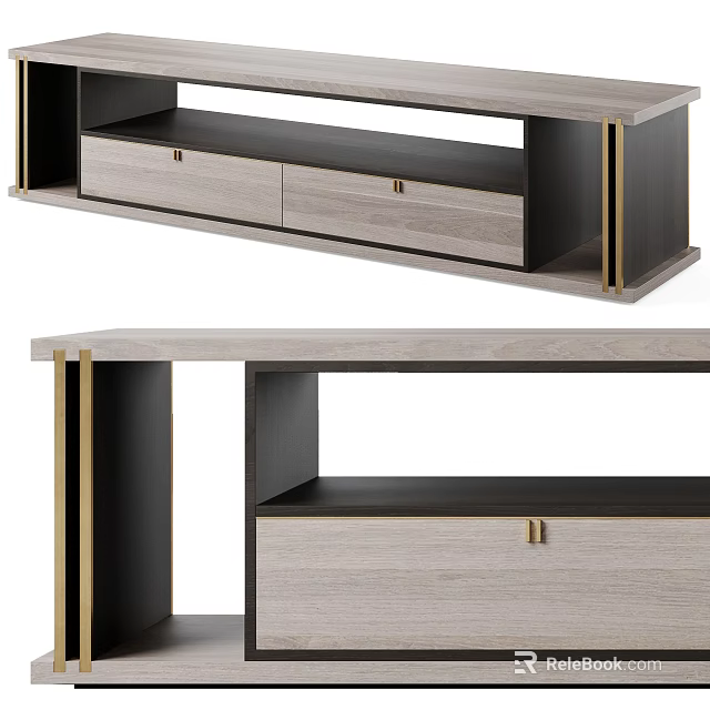 Modern Wooden TV Stand With Drawer Storage Open Shelf And Gold Metal Accents 3d model 