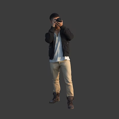 Man Taking Photo With Camera Wearing Black Jacket White Shirt Khaki Pants And Brown Boots 3d model