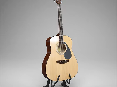 Acoustic Guitar On Stand With Natural Wood Finish And Musical Strings 3d model