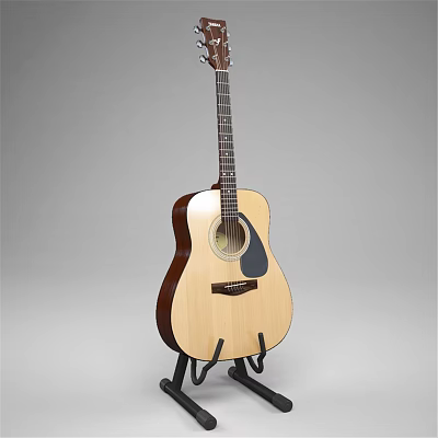 Acoustic Guitar On Stand With Natural Wood Finish And Musical Strings 3d model