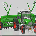 Green Agricultural Functional Tractor With Mounted Seeder Red Wheels And Warning Signs