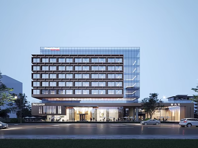 Modern Multi Story Hotel Building With Glass Curtain Wall And Ground Floor Entrance 3d model