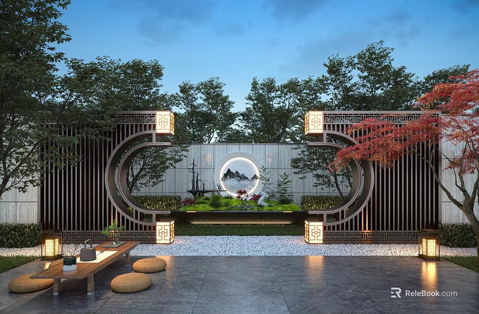 Chinese Style Courtyard Garden With Moon Gate Stone Lanterns Maple Trees And Green Plants 3d model 