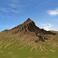 Scenic Mountain Landscape With Brown Textured Peak Green Grassy Fields And Blue Sky White Clouds
