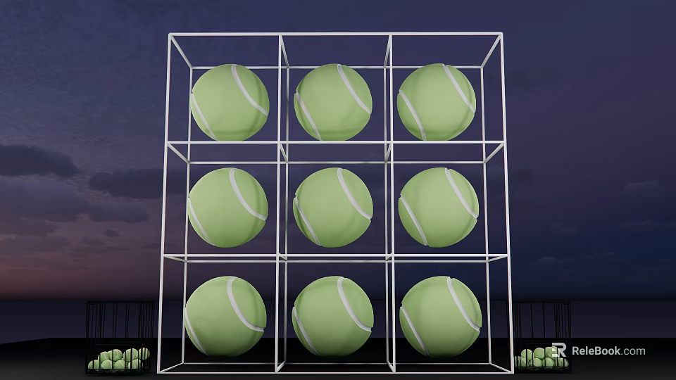 Interactive Zone Featuring White Metal Frame Grid Shelf With Green Tennis Balls 3d model 