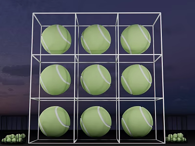 Interactive Zone Featuring White Metal Frame Grid Shelf With Green Tennis Balls 3d model