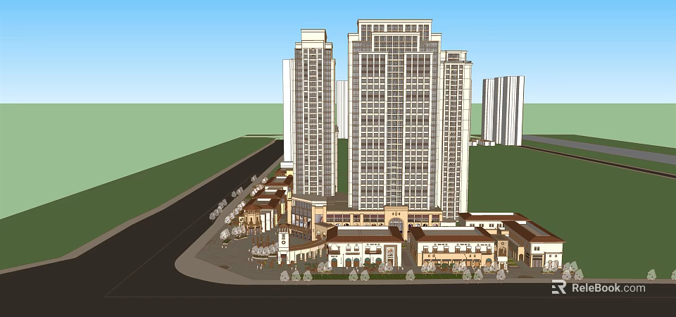 Modern Commercial Street With High Rise Buildings Low Rise Commercial Structures Road And Greenery 3d model 