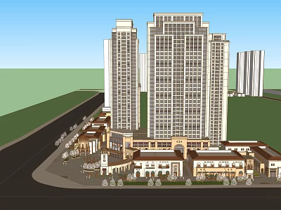 Modern Commercial Street With High Rise Buildings Low Rise Commercial Structures Road And Greenery 3d model