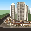 Modern Commercial Street With High Rise Buildings Low Rise Commercial Structures Road And Greenery