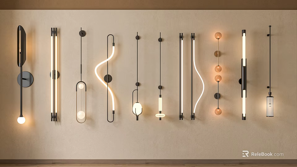 Modern Wall Sconces with Various Curved Linear Designs Mounted on Beige Textured Wall 3d model 