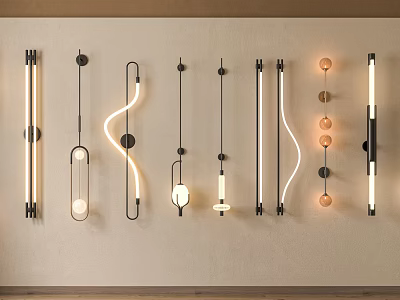Modern Wall Sconces with Various Curved Linear Designs Mounted on Beige Textured Wall 3d model