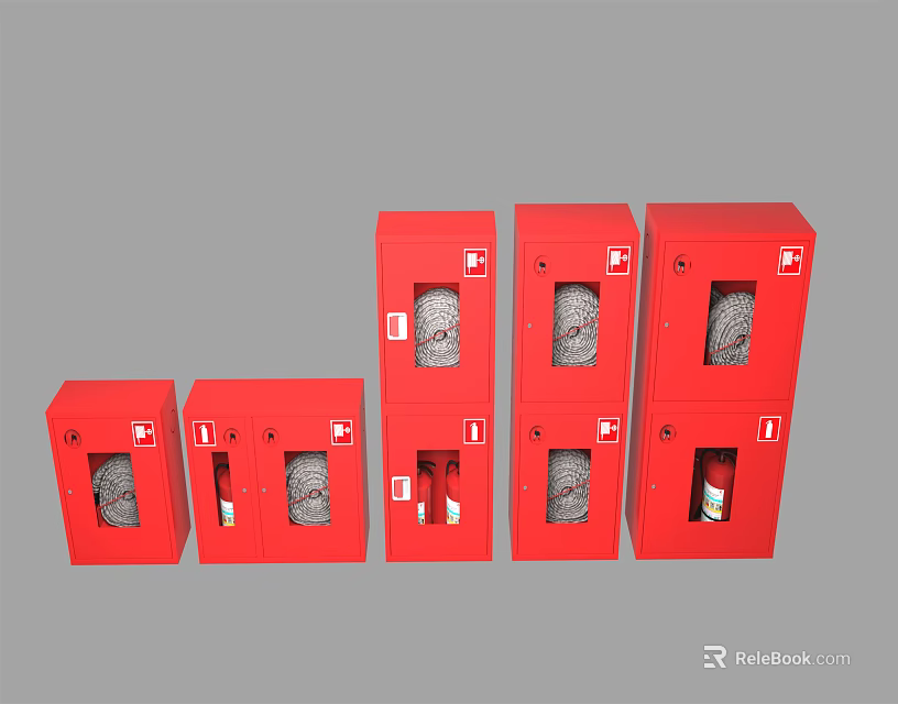 Red Fire Equipment Cabinets in Various Sizes with White Labels and Locks 3d model 