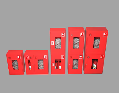 Red Fire Equipment Cabinets in Various Sizes with White Labels and Locks 3d model