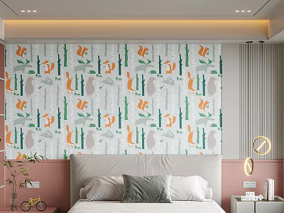 Cheerful Kids Bedroom With Orange Fox And Cactus Wall Decor And White Bed 3d model